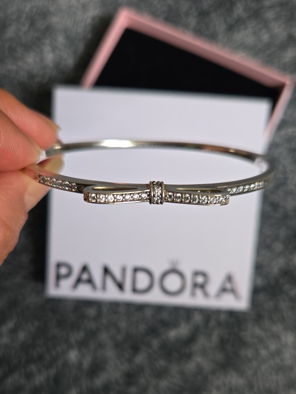 Pandora Silver Bow Bangle with Clear Stones